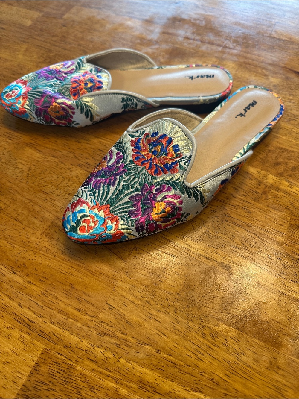 mark. Multicolor Floral Embroidered Metallic Slip-On Mules
